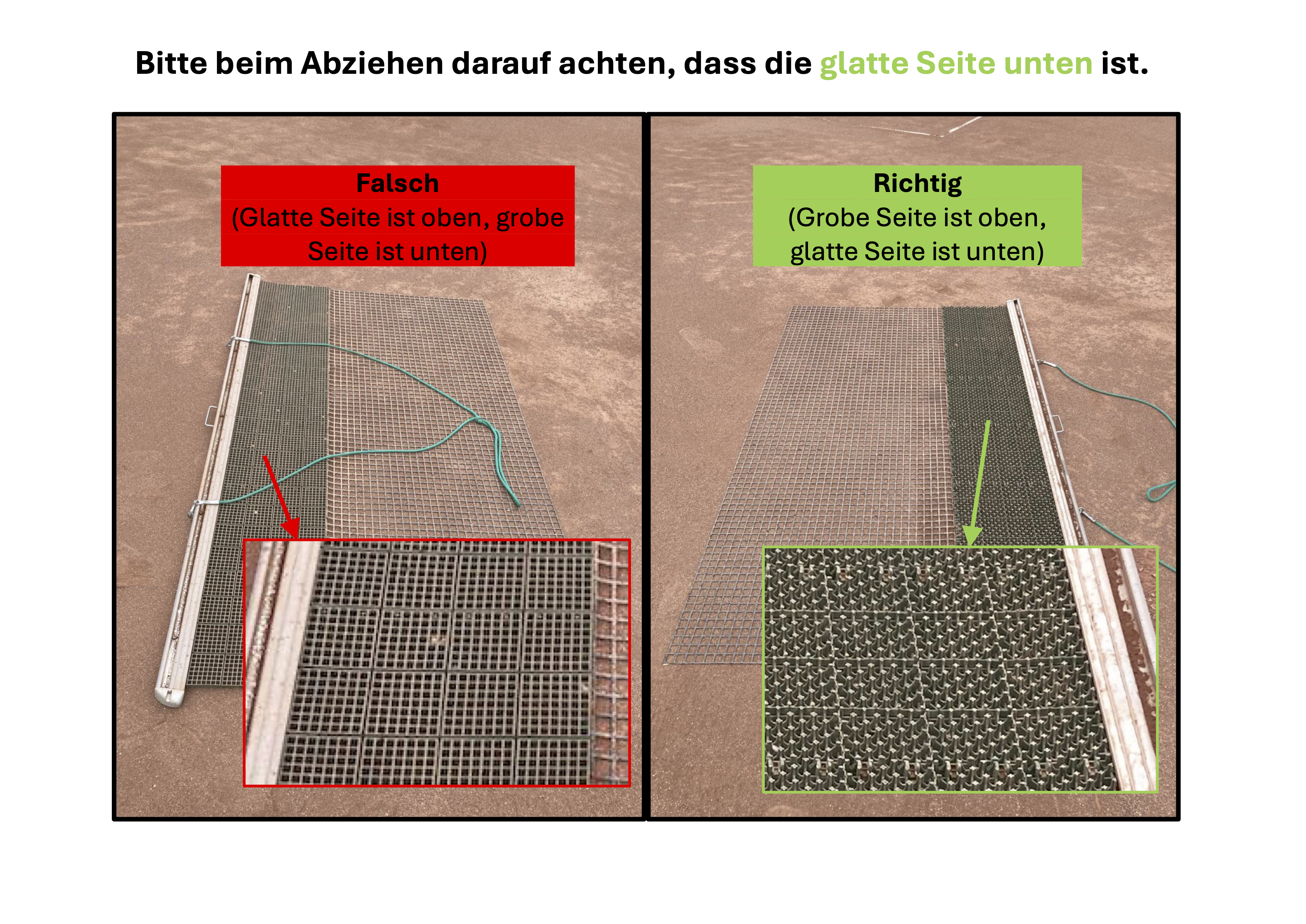 Richtige Ausrichtung des Abziehers: grobe Seite oben, glatte Seite unten